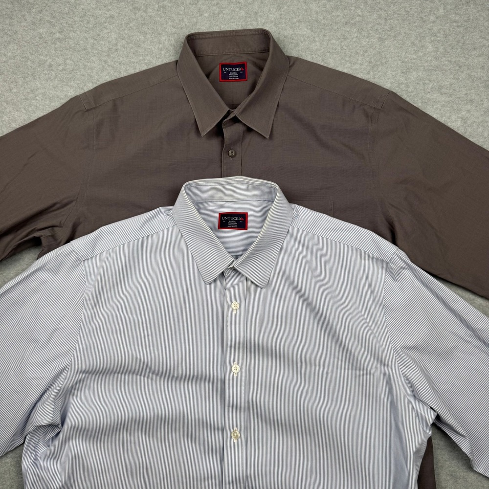 Lot of 2 UNTUCKit Mens Large Wrinkle Free Button Down Shirts Brown Blue Striped